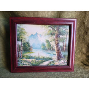 Vintage MCM Landscape Painting Mountains Lake Impasto